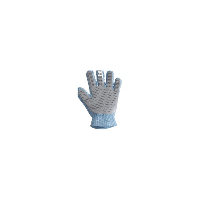 Light blue mesh pet grooming glove, palm side with grey silicone deshedding nubs.