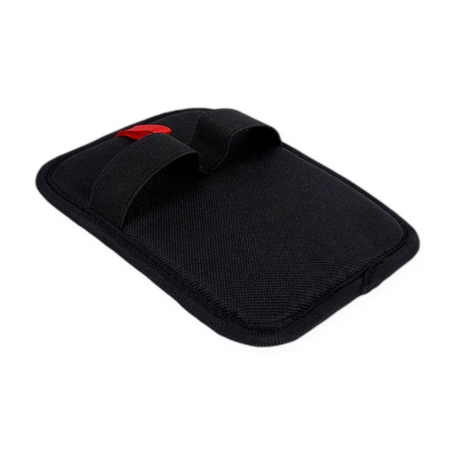 Black pet hair removal glove with two elastic finger loops and a red pull tab, on white.