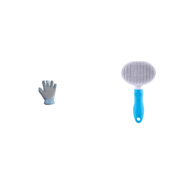 De-shed kit packshot: 2-in-1 grooming glove and blue self-cleaning slicker on white.