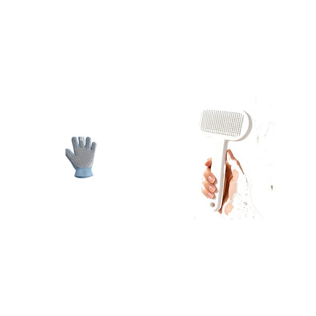 Starter kit packshot: 2-in-1 grooming glove and white one-click slicker on white.