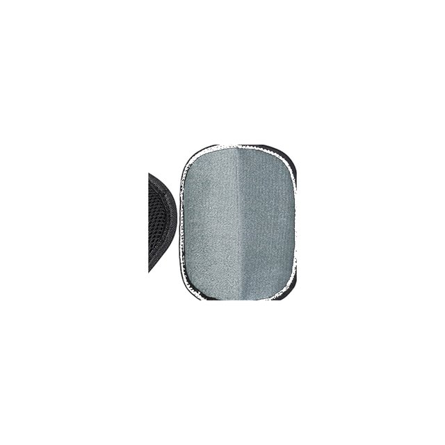 Oval pet hair remover mitt with grey textured face and black stitched border on white.