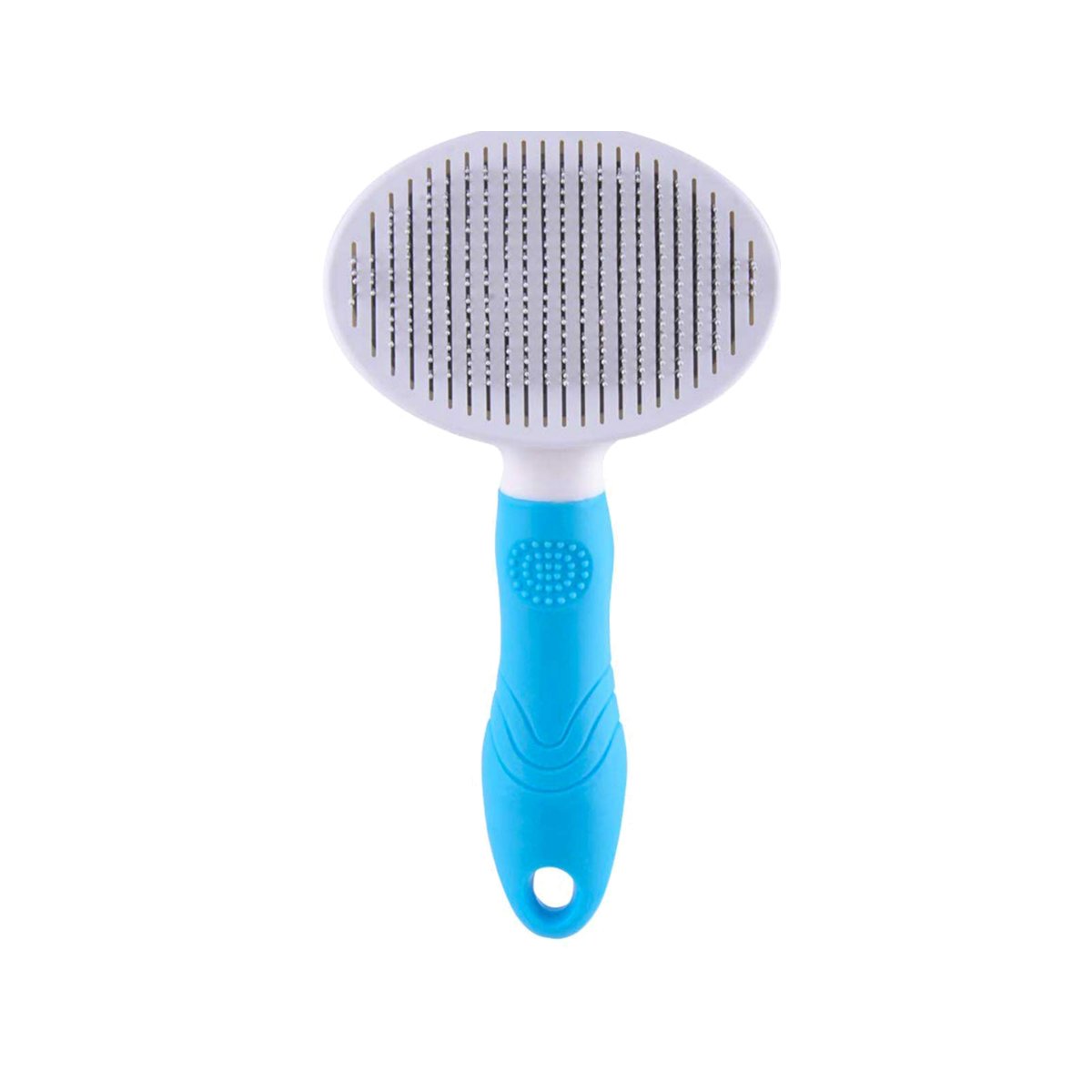 Blue-handled self-cleaning slicker brush with white head and fine metal bristles.